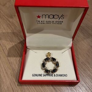 Macy's 18 KT gold over sterling silver genuine sapphire and diamond pendant